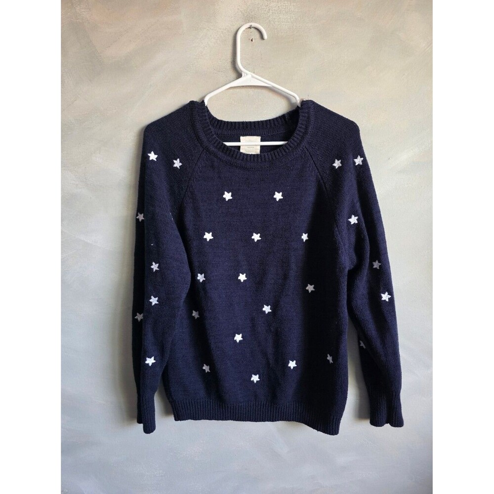 Navy Blue White Star Embroidered Cotton Blend Crewneck Sweater Sz M